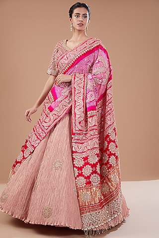 Onion Pink Crushed Lehenga Set by Faabiiana