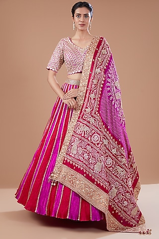 Red & Pink Crushed Lehenga Set by Faabiiana