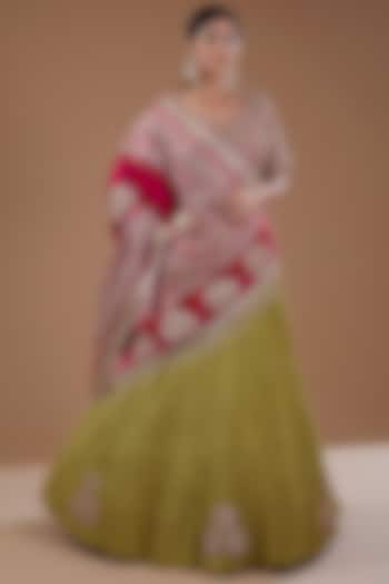 Mehendi Green Silk Crushed Bridal Lehenga Set by Faabiiana at Pernia's Pop Up Shop