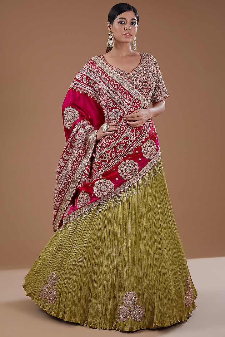 Mehendi Green Silk Crushed Bridal Lehenga Set by Faabiiana at Pernia's Pop Up Shop