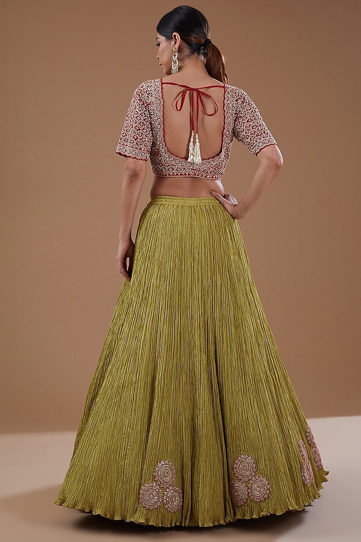 Mehendi Green Silk Crushed Bridal Lehenga Set by Faabiiana at Pernia's Pop Up Shop