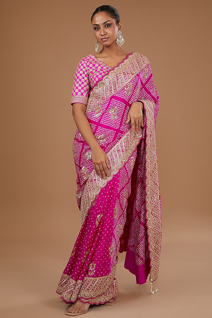Pink Silk Embroidered Bandhani Saree Set by Faabiiana