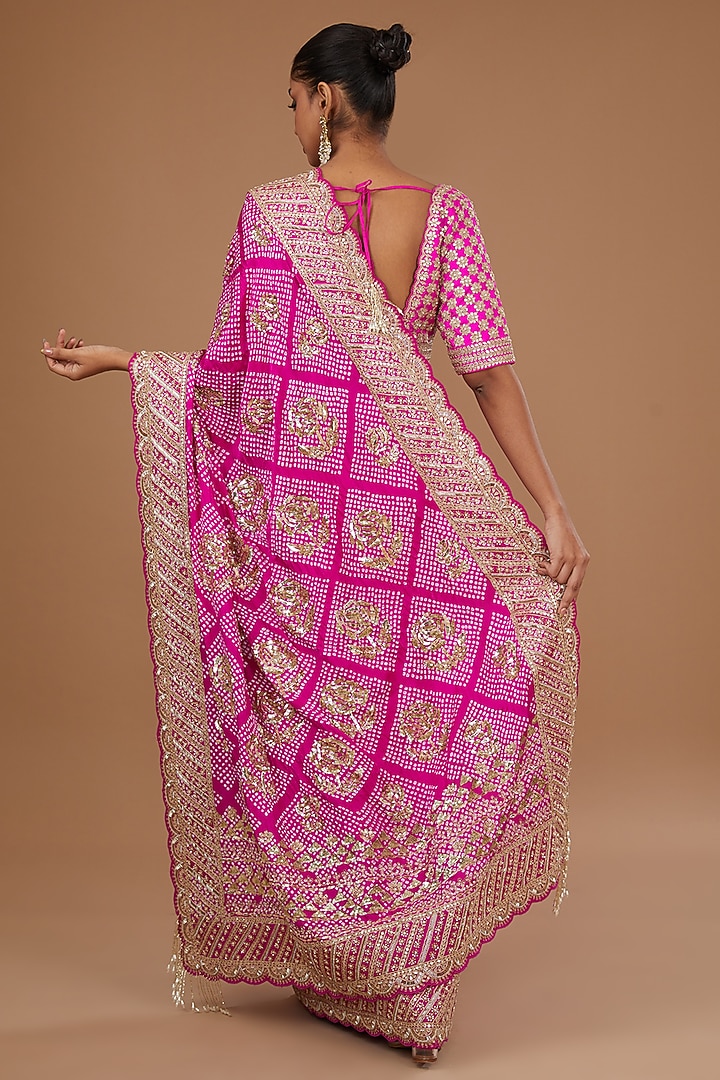 Pink Silk Embroidered Bandhani Bridal Saree Set by Faabiiana at Pernia's Pop Up Shop
