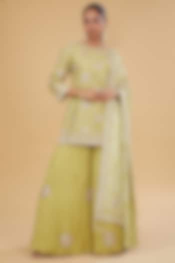 Yellow Silk Crushed Sharara Set by Faabiiana