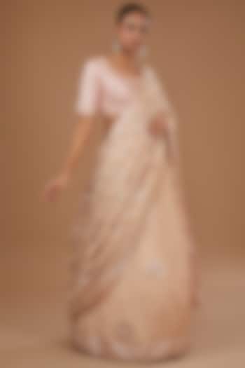 Beige Crushed Silk Embroidered Bridal Lehenga Saree Set by Faabiiana at Pernia's Pop Up Shop