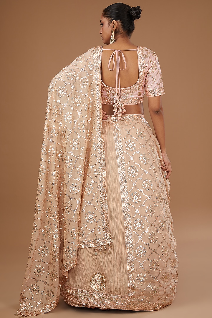 Beige Crushed Silk Embroidered Bridal Lehenga Saree Set by Faabiiana at Pernia's Pop Up Shop