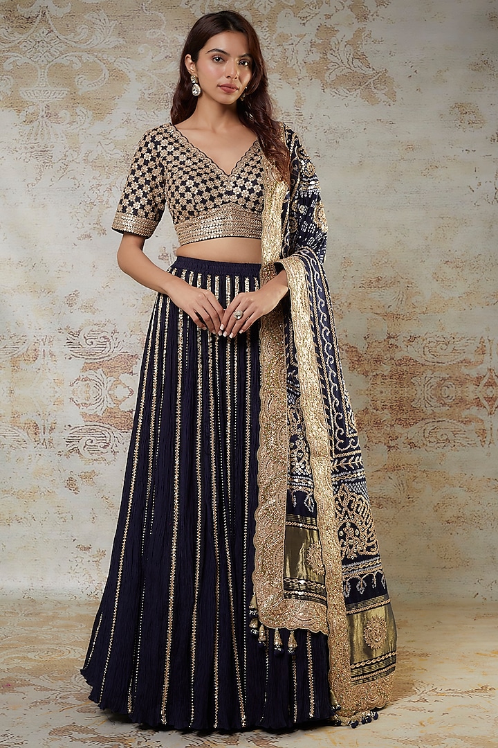 Blue Crushed Silk Bridal Lehenga Set by Faabiiana at Pernia's Pop Up Shop