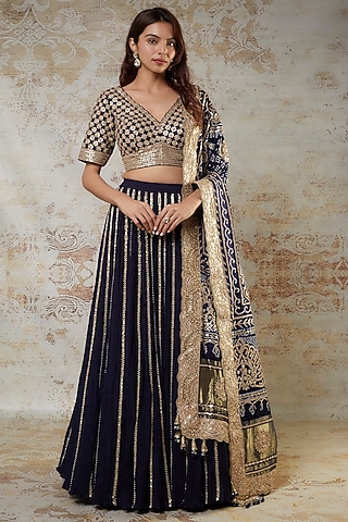 Blue Crushed Silk Lehenga Set by Faabiiana