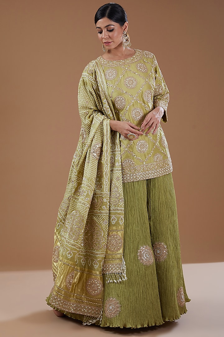 Mehendi Green Silk Crushed Sharara Set by Faabiiana at Pernia's Pop Up Shop