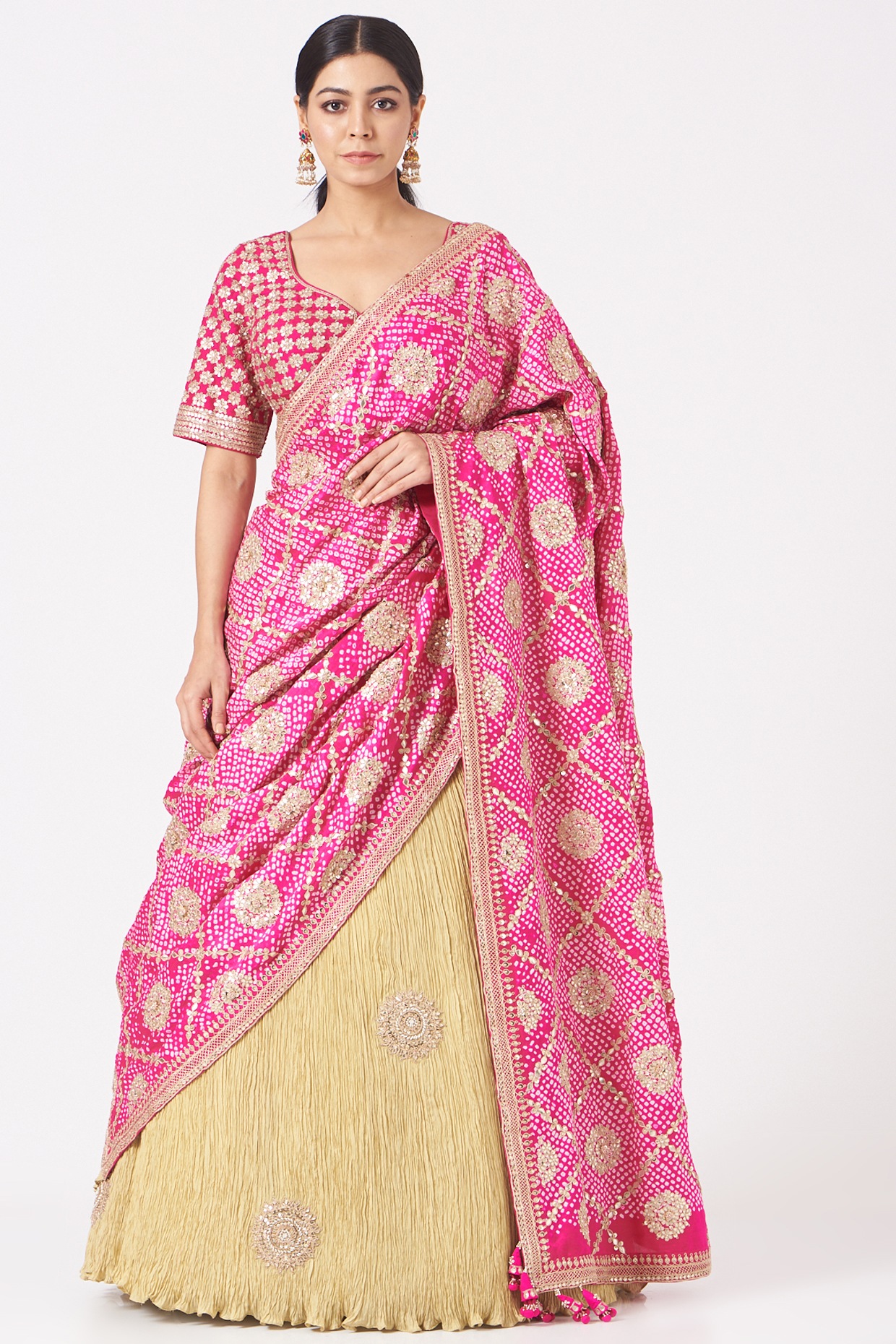 Buy online Yellow And Pink Embellished Lehenga Saree from ethnic wear for  Women by Mahotsav for ₹12369 at 0% off | 2024 Limeroad.com