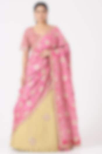 Dark Pink & Yellow Silk Lehenga Saree Set by Faabiiana at Pernia's Pop Up Shop