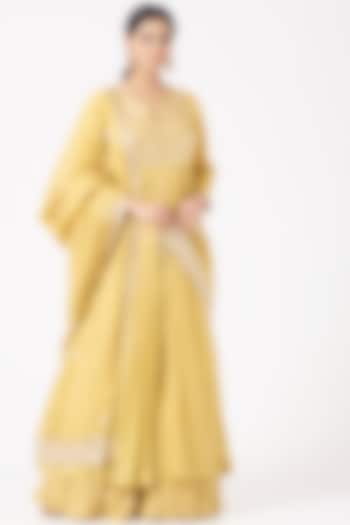 Butter Yellow Embroidered Anarkali Set by Faabiiana