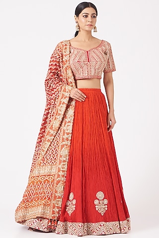 Cherry Red Crushed Silk Lehenga Set by Faabiiana