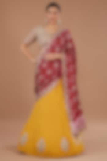 Mustard Crushed Silk Lehenga Saree Set by Faabiiana at Pernia's Pop Up Shop