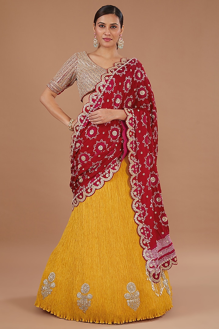 Mustard Crushed Silk Lehenga Saree Set by Faabiiana at Pernia's Pop Up Shop