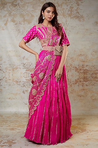 Pink Crushed Silk Lehenga Set by Faabiiana