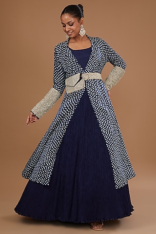 Navy Blue Crushed Silk Bandhani Jacket Set by Faabiiana