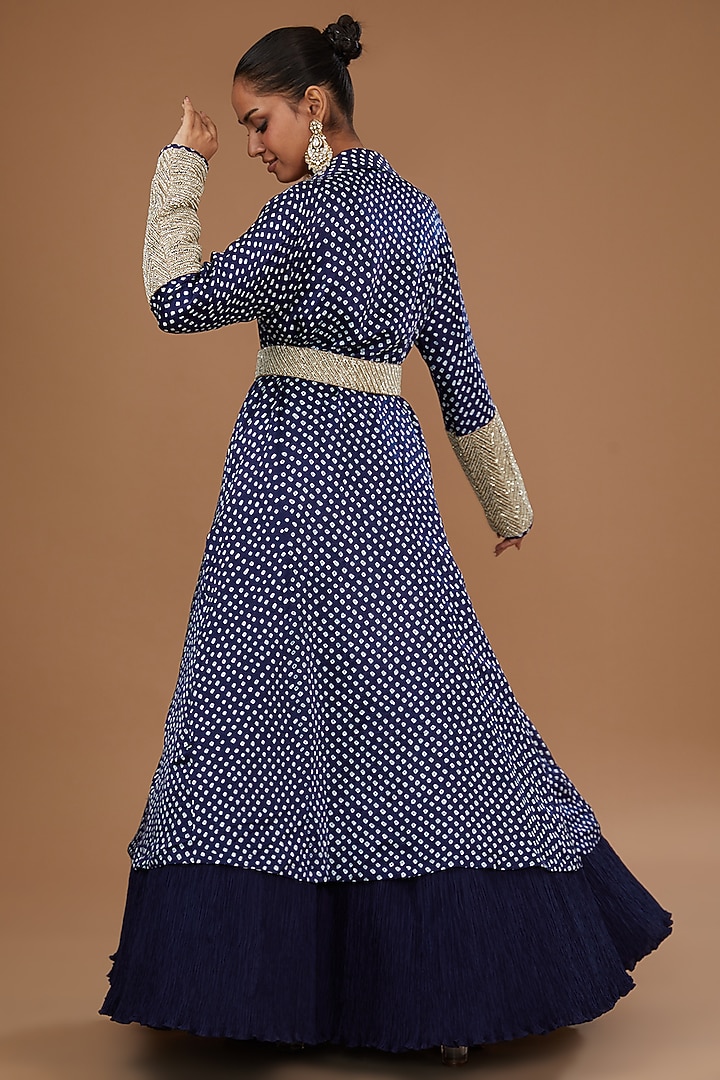 Navy Blue Crushed Silk Bandhani Jacket Set by Faabiiana at Pernia's Pop Up Shop