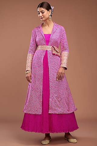 Blush Pink Crushed Silk Bandhani Jacket Set by Faabiiana