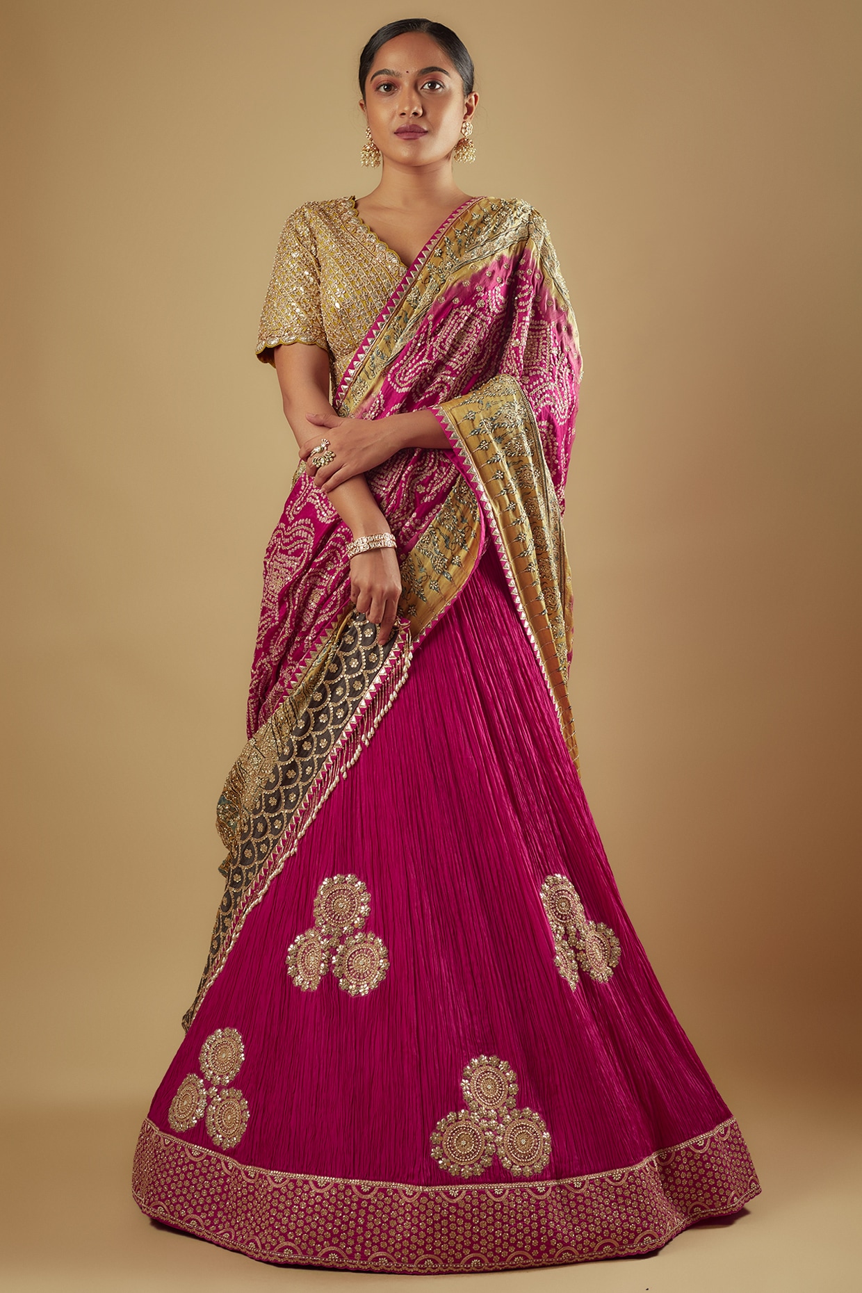 soft pink gota work lehenga set Design by Pairahan at Modvey | Modvey