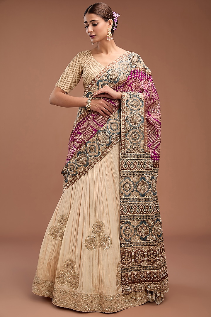 Ivory & Red Crushed Silk Lehenga Saree Set by Faabiiana at Pernia's Pop Up Shop