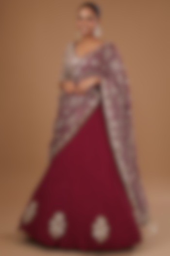 Maroon Crushed Silk Embroidered Bridal Lehenga Saree Set by Faabiiana at Pernia's Pop Up Shop