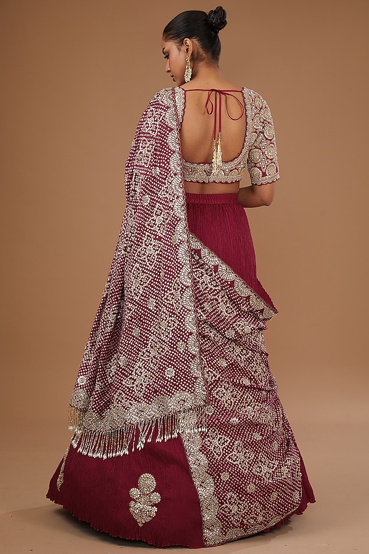 Maroon Crushed Silk Embroidered Bridal Lehenga Saree Set by Faabiiana at Pernia's Pop Up Shop