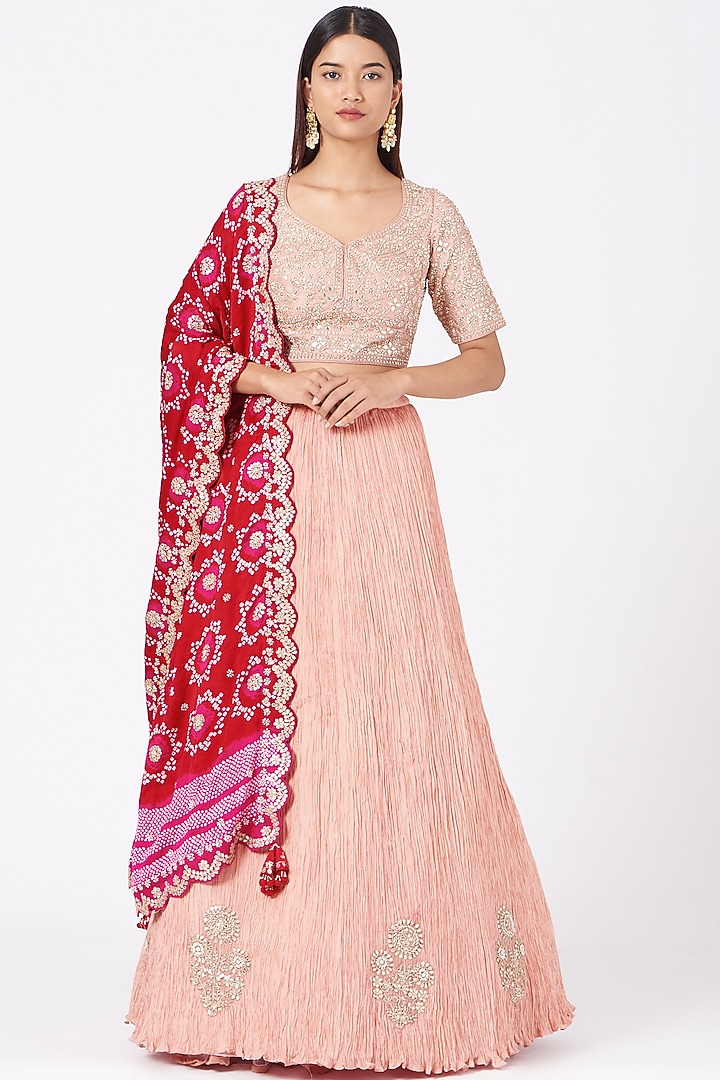 Nude Pink Crushed Silk Bridal Lehenga Set by Faabiiana at Pernia's Pop Up Shop