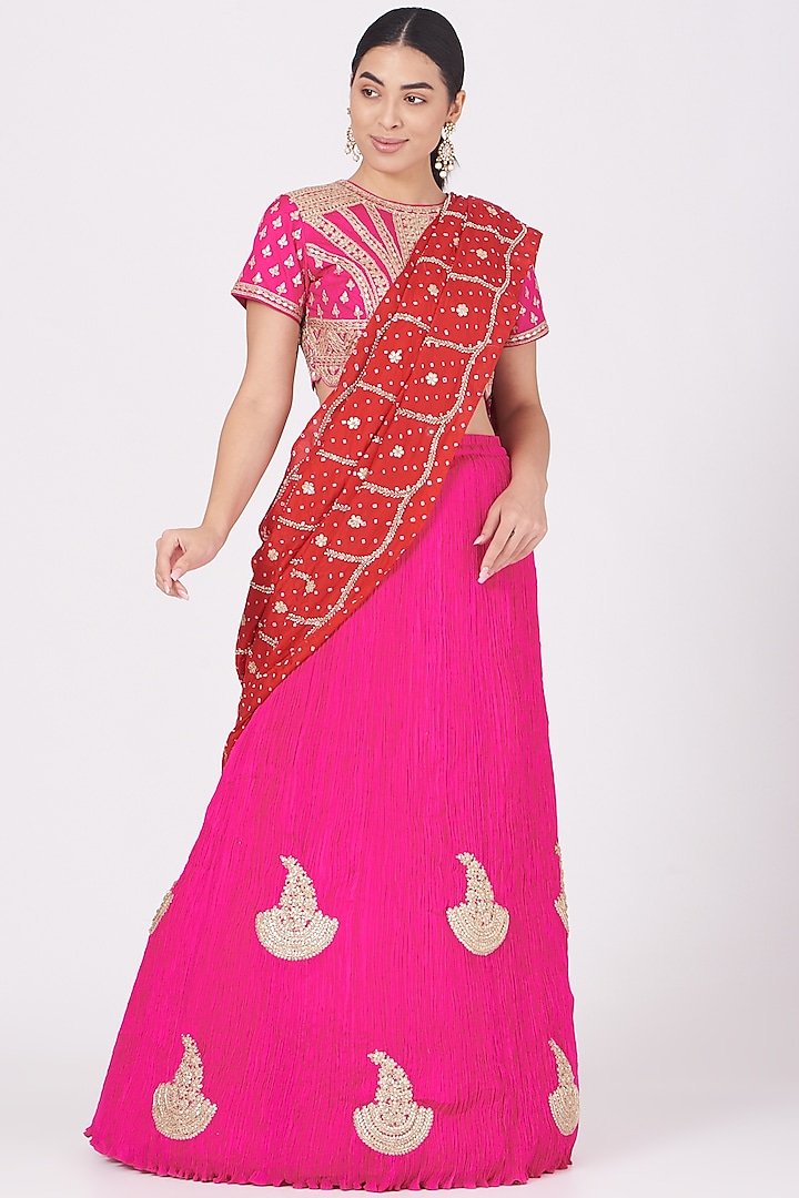 Rani Pink Silk Lehenga Saree Set by Faabiiana
