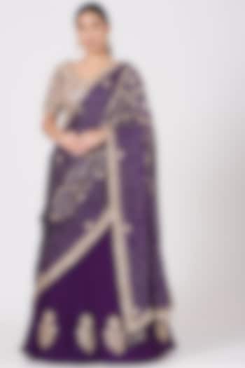 Grape Purple Crushed Silk Bridal Lehenga Saree Set by Faabiiana at Pernia's Pop Up Shop