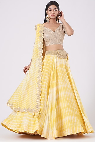 Yellow Leheriya Lehenga Set by Faabiiana