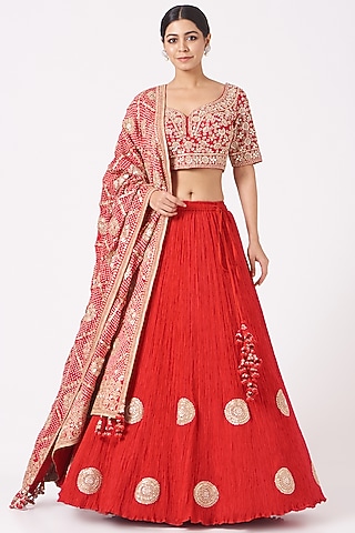 Cherry Red Lehenga Set In Crushed Silk by Faabiiana