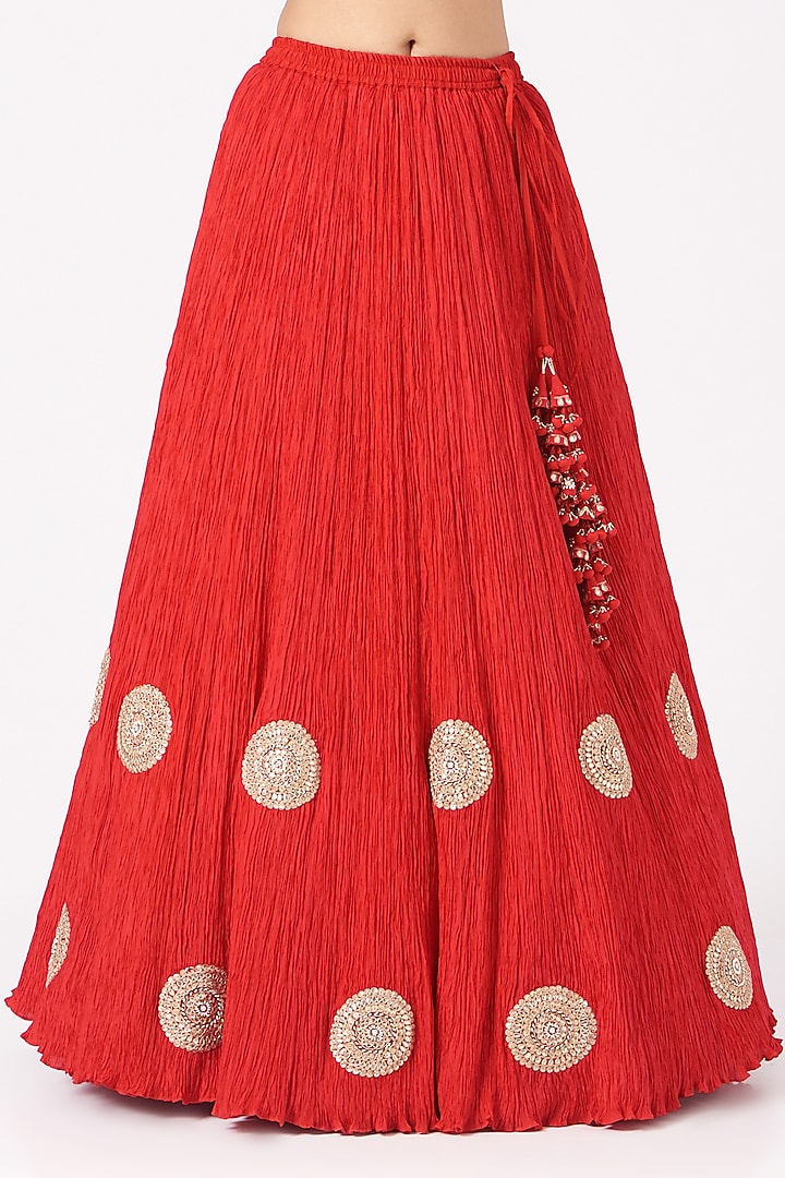 Cherry Red Bridal Lehenga Set In Crushed Silk by Faabiiana at Pernia's Pop Up Shop