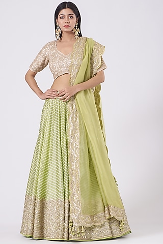 Pista Green Leheriya Embroidered Lehenga Set by Faabiiana
