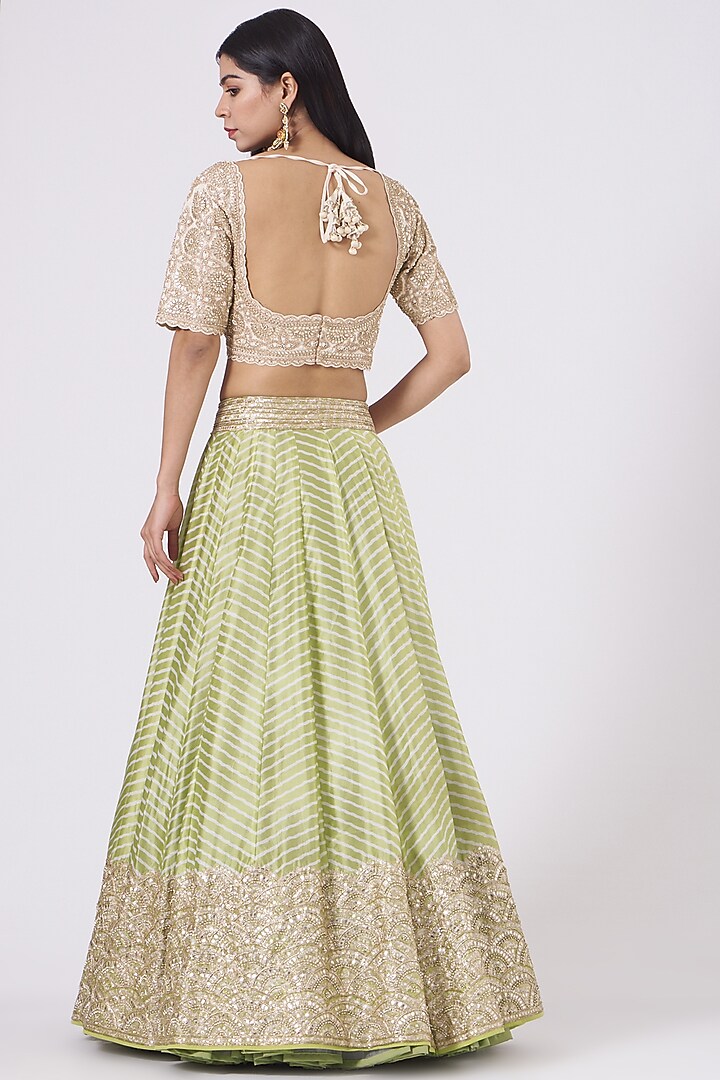Pista Green Leheriya Embroidered Bridal Lehenga Set by Faabiiana at Pernia's Pop Up Shop