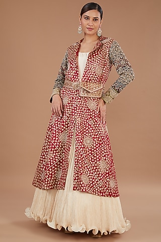 Red Crushed Silk Bandhani Jacket Set by Faabiiana