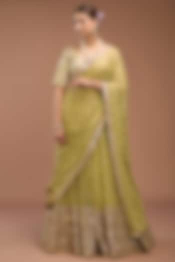 Green Crushed Net Lehenga Saree Set by Faabiiana at Pernia's Pop Up Shop