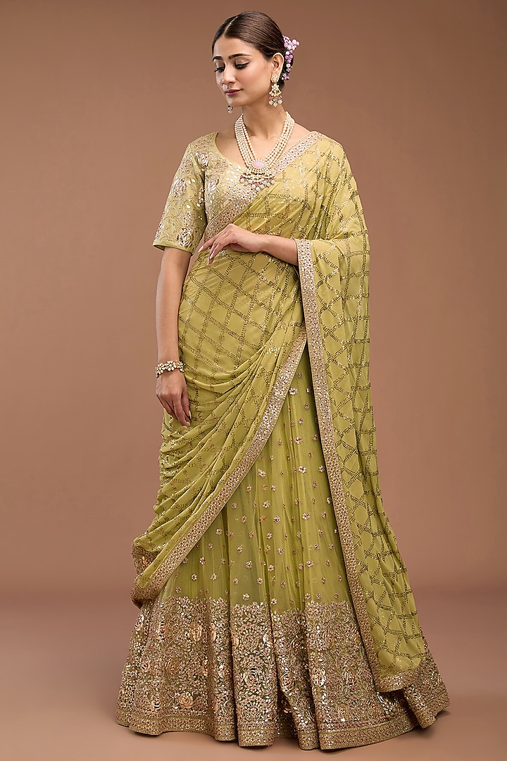 Green Crushed Net Lehenga Saree Set by Faabiiana at Pernia's Pop Up Shop