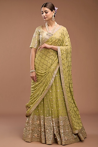 Green Crushed Net Lehenga Saree Set by Faabiiana