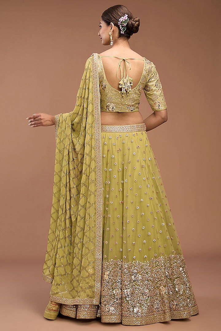 Green Crushed Net Bridal Lehenga Saree Set by Faabiiana at Pernia's Pop Up Shop