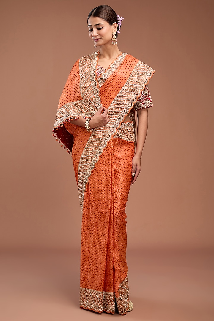 Rust Orange Gajji Silk Bandhani Saree Set by Faabiiana at Pernia's Pop Up Shop