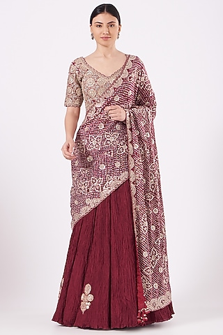 Maroon Silk Crushed Lehenga Saree Set by Faabiiana