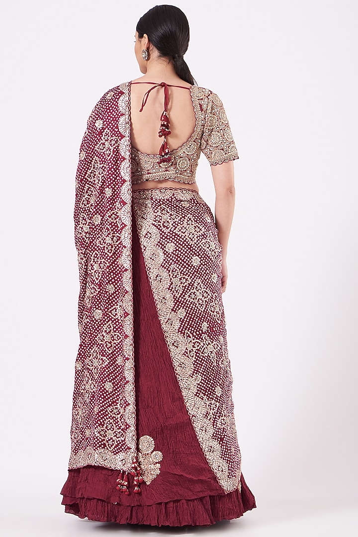 Maroon Silk Crushed Bridal Lehenga Saree Set by Faabiiana at Pernia's Pop Up Shop