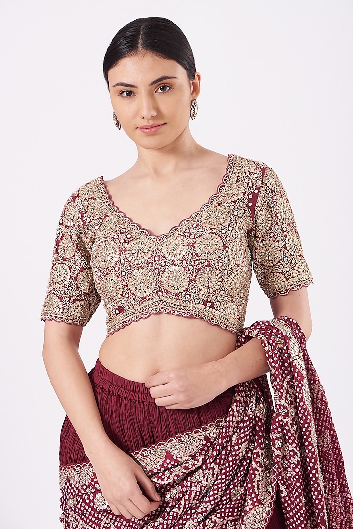 Maroon Silk Crushed Bridal Lehenga Saree Set by Faabiiana at Pernia's Pop Up Shop
