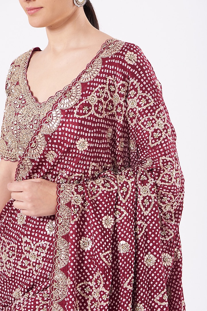 Maroon Silk Crushed Bridal Lehenga Saree Set by Faabiiana at Pernia's Pop Up Shop