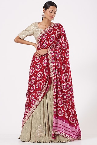 Dull Gold Crushed Lehenga Set by Faabiiana