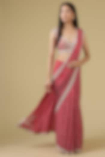 Red Bandhani Pearl Work Bridal Saree Set by Faabiiana at Pernia's Pop Up Shop