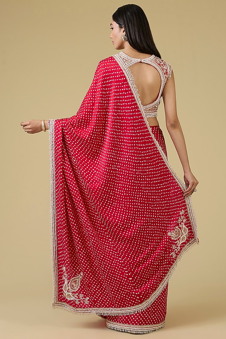 Red Bandhani Pearl Work Bridal Saree Set by Faabiiana at Pernia's Pop Up Shop