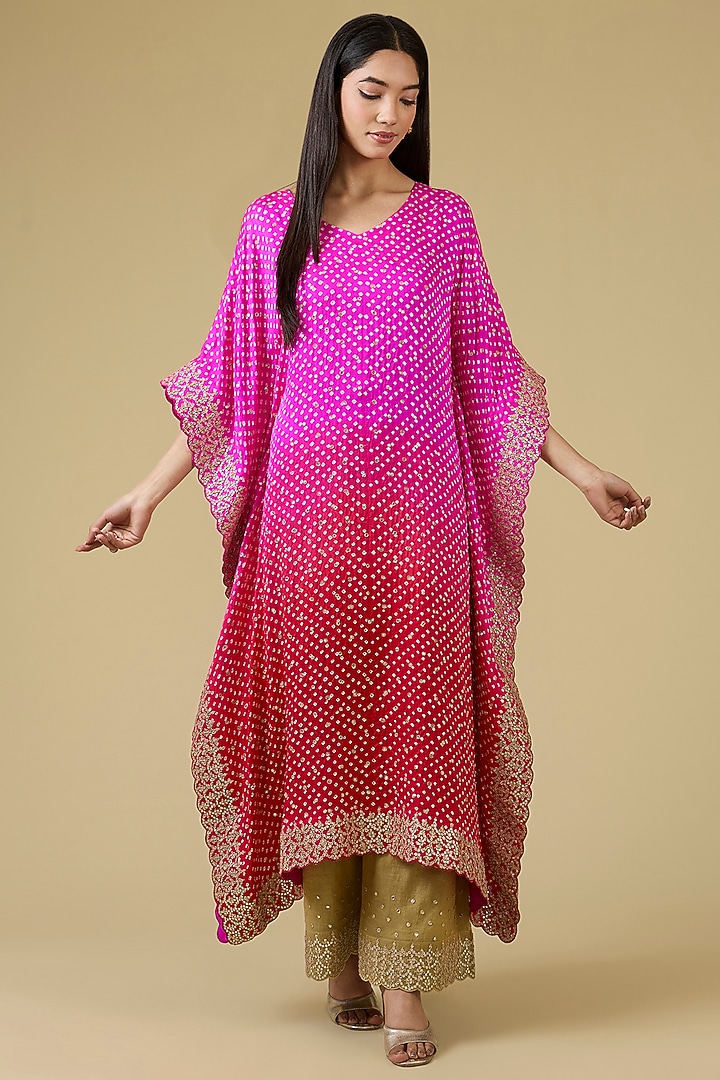 Red-Pink Gajji Silk Ombre Kaftan Set by Faabiiana at Pernia's Pop Up Shop