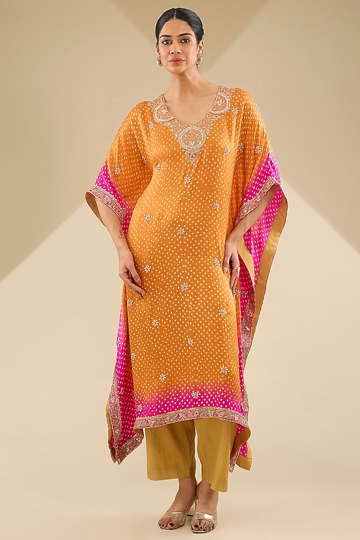 Pink & Orange Ombre Gajji Silk Kaftan Set by Faabiiana at Pernia's Pop Up Shop